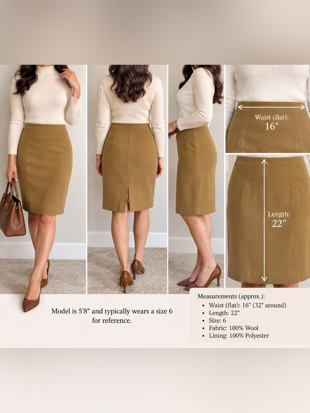 Talbots Women’s Size 6 100% Wool Pencil Skirt Camel Tan Lined Career Classic